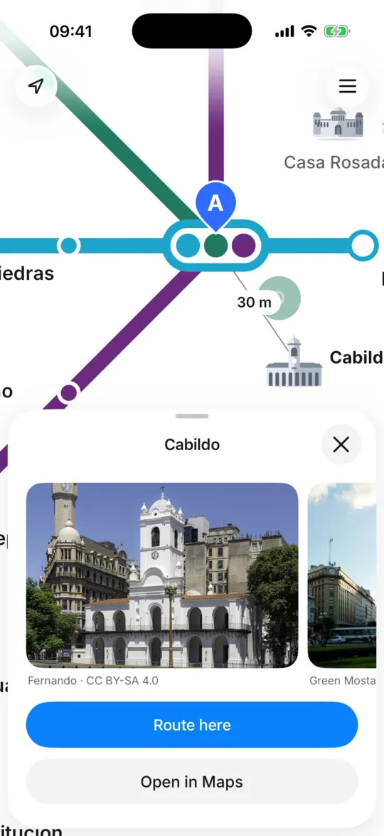 Global Metro Map on iPhone: a landmark card next to a station.