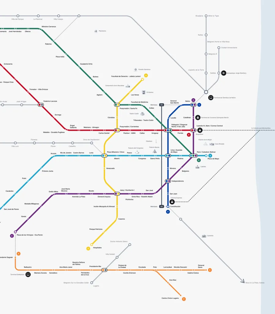 Part of the Buenos Aires metro map: colored lines, stations and their names.